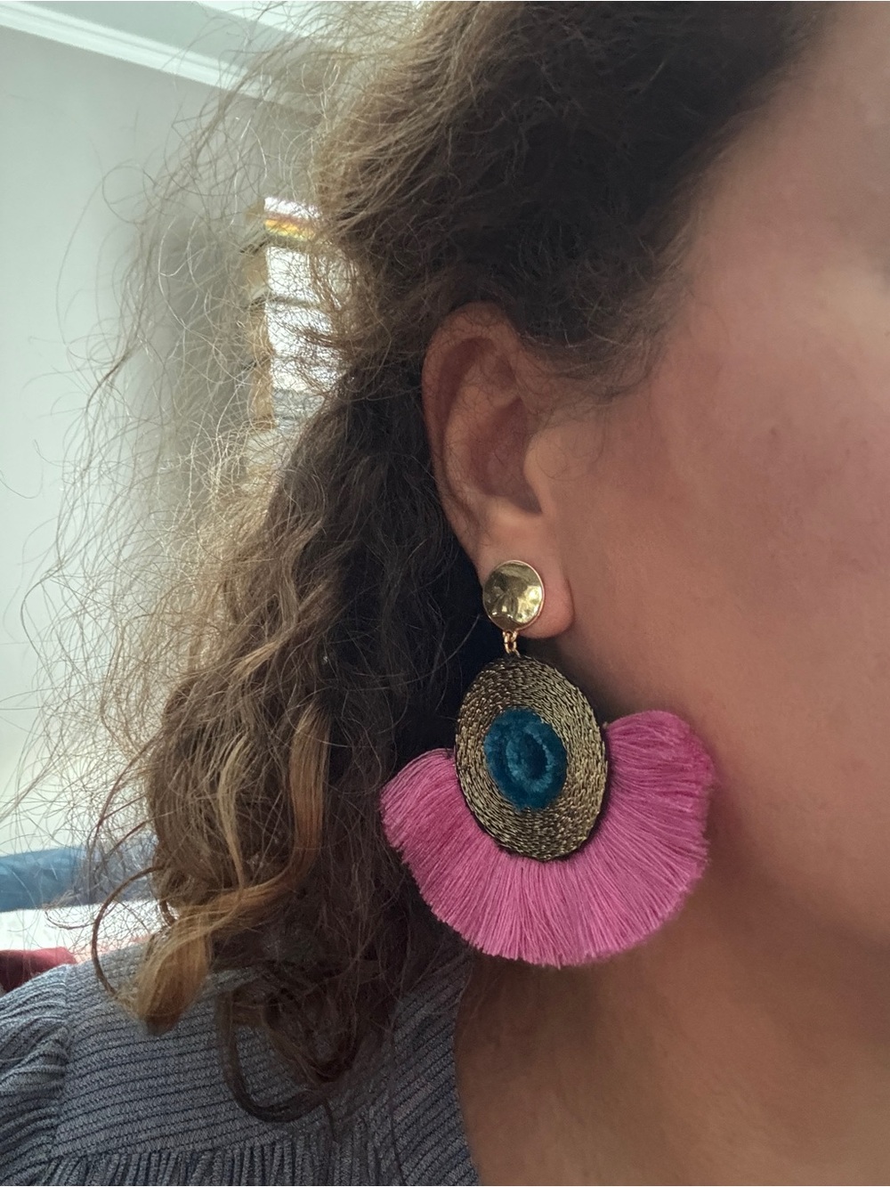 J.Crew Pink Fringe Statement Earrings | Gold & Blue Detail